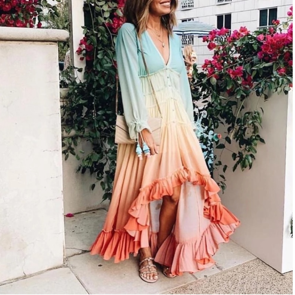Boho Rainbow Ruffle High Low Button Kimono Maxi Dress - Picture 2 of 9